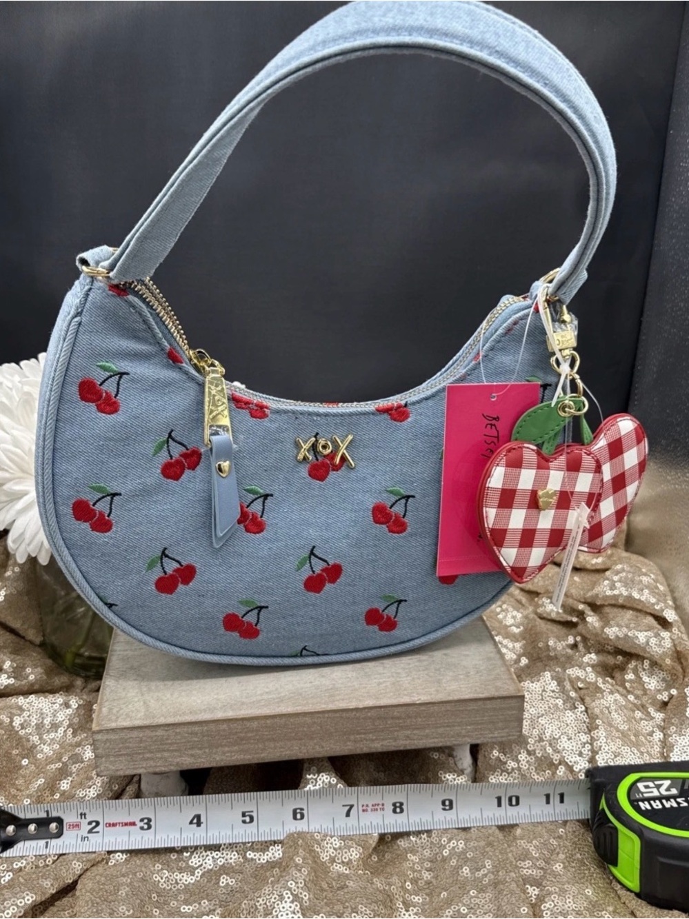 Betsey Johnson NWT Xonorthy Denim Crescent Shoulder Bag Embroidered Cherry Heart